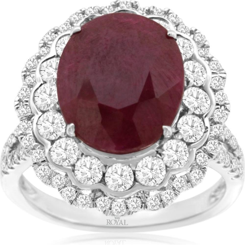 14K White Gold Double Halo Ring with Prong-Set Oval Ruby and Round Diamonds - 6.00 Carat Ruby & 1.40 Carat Diamond Weight - Royal Jewelry