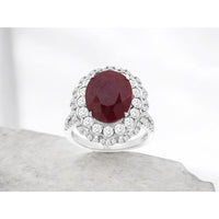 14K White Gold Double Halo Ring with Prong-Set Oval Ruby and Round Diamonds - 6.00 Carat Ruby & 1.40 Carat Diamond Weight - Royal Jewelry
