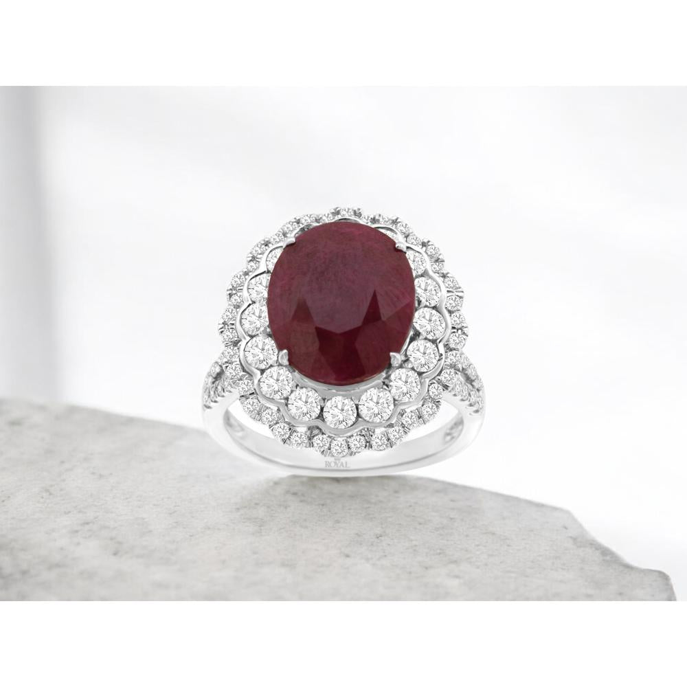 14K White Gold Double Halo Ring with Prong-Set Oval Ruby and Round Diamonds - 6.00 Carat Ruby & 1.40 Carat Diamond Weight - Royal Jewelry