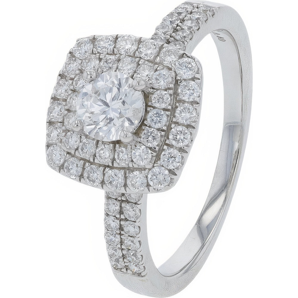 14K White Gold Double Halo Ring with Round Lab Grown Diamond and Split Shank Accents - 1.00 Carat Total Diamond Weight