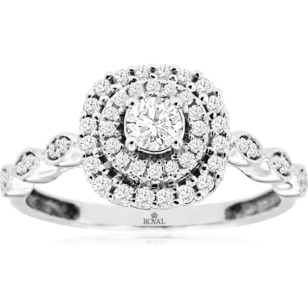 14K White Gold Double Halo Ring with Twisted Shank and 0.52 Carat Round Center Diamond - Royal Jewelry