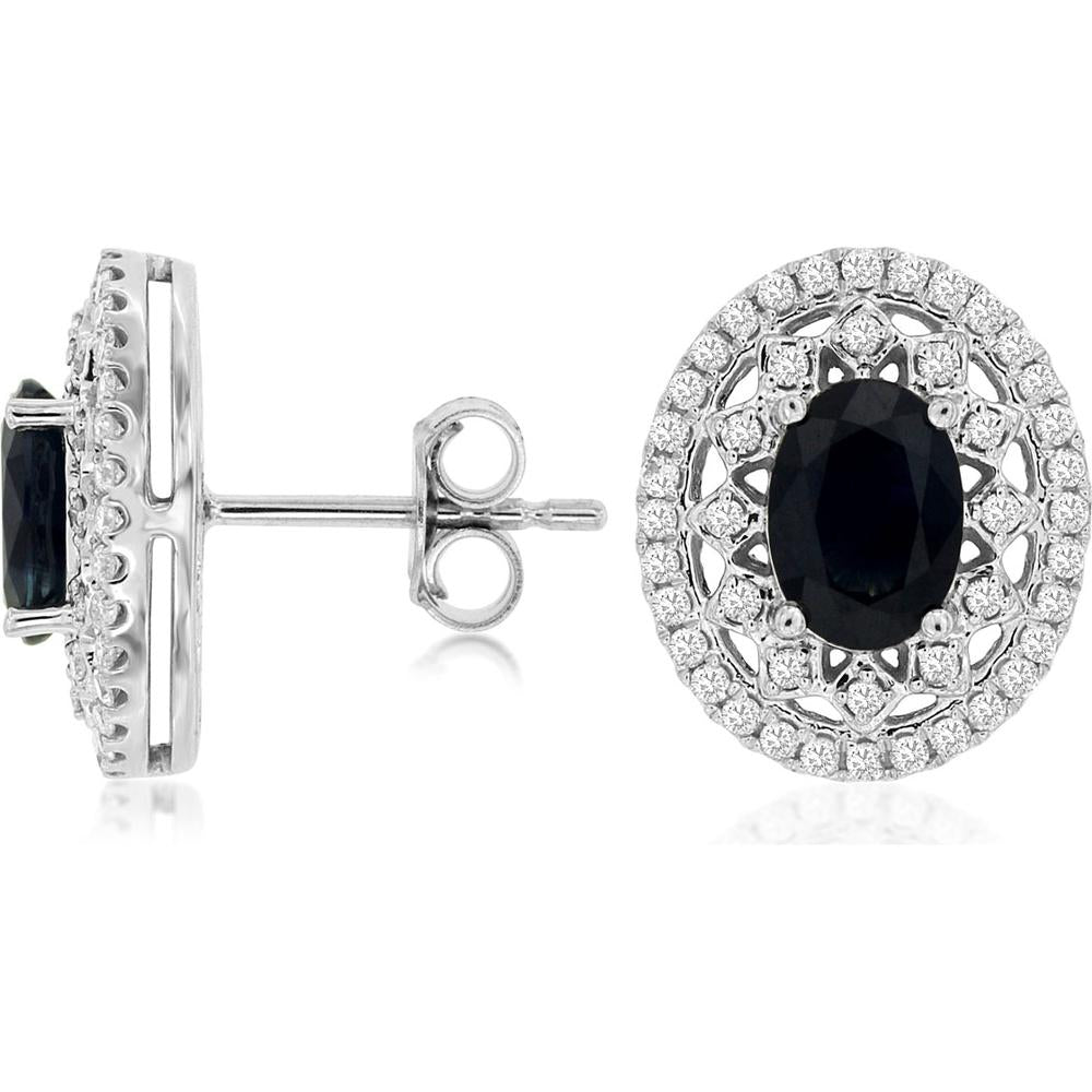 14K White Gold Double Halo Sapphire and Diamond Stud Earrings with Milgrain Detail - 2.00 Carat Total Sapphire Weight, 0.45 Carat Total Diamond Weight - Royal Jewelry