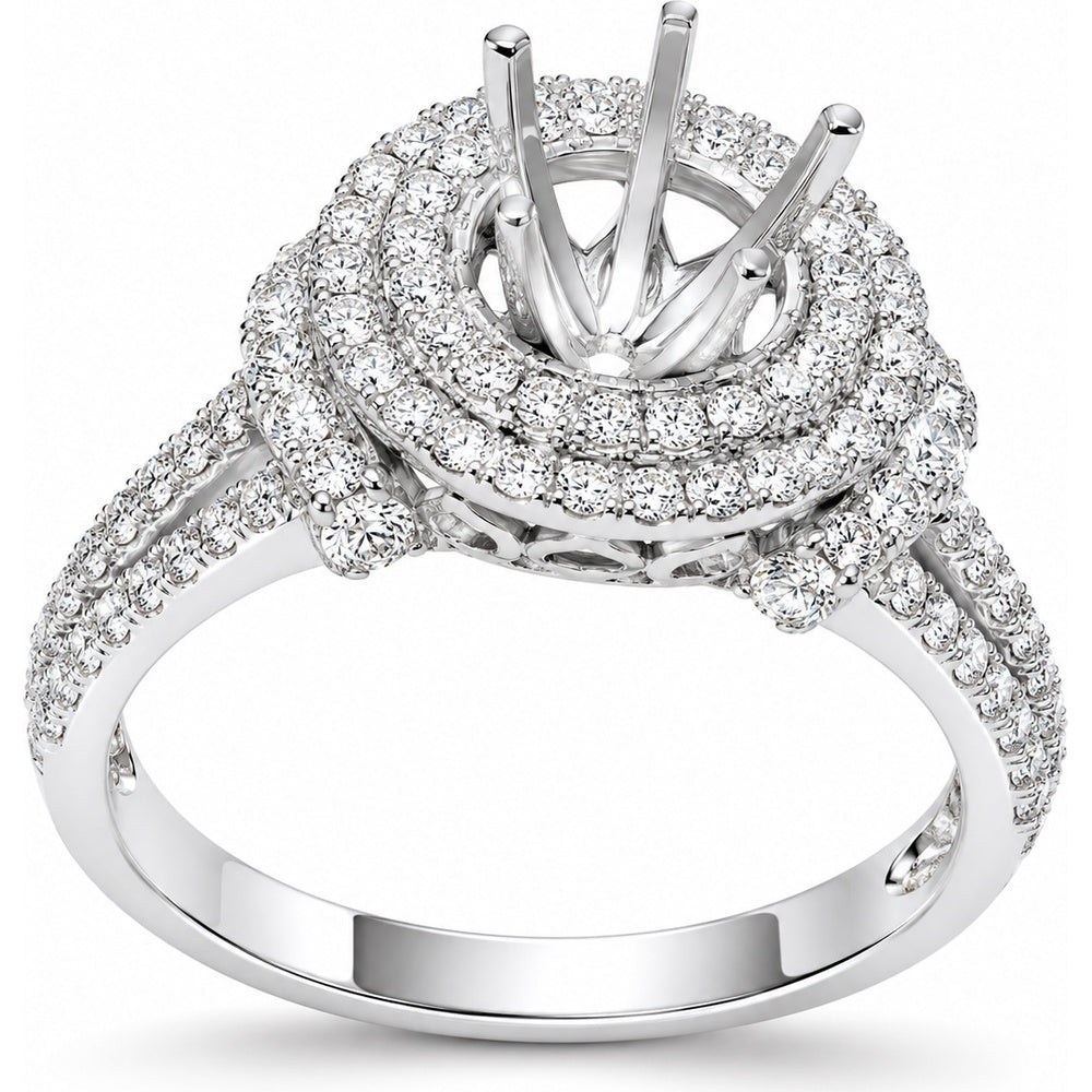 14K White Gold Double Halo Semi Mount Ring with 0.90 Carat Total Weight of Round Diamonds by Auriventus