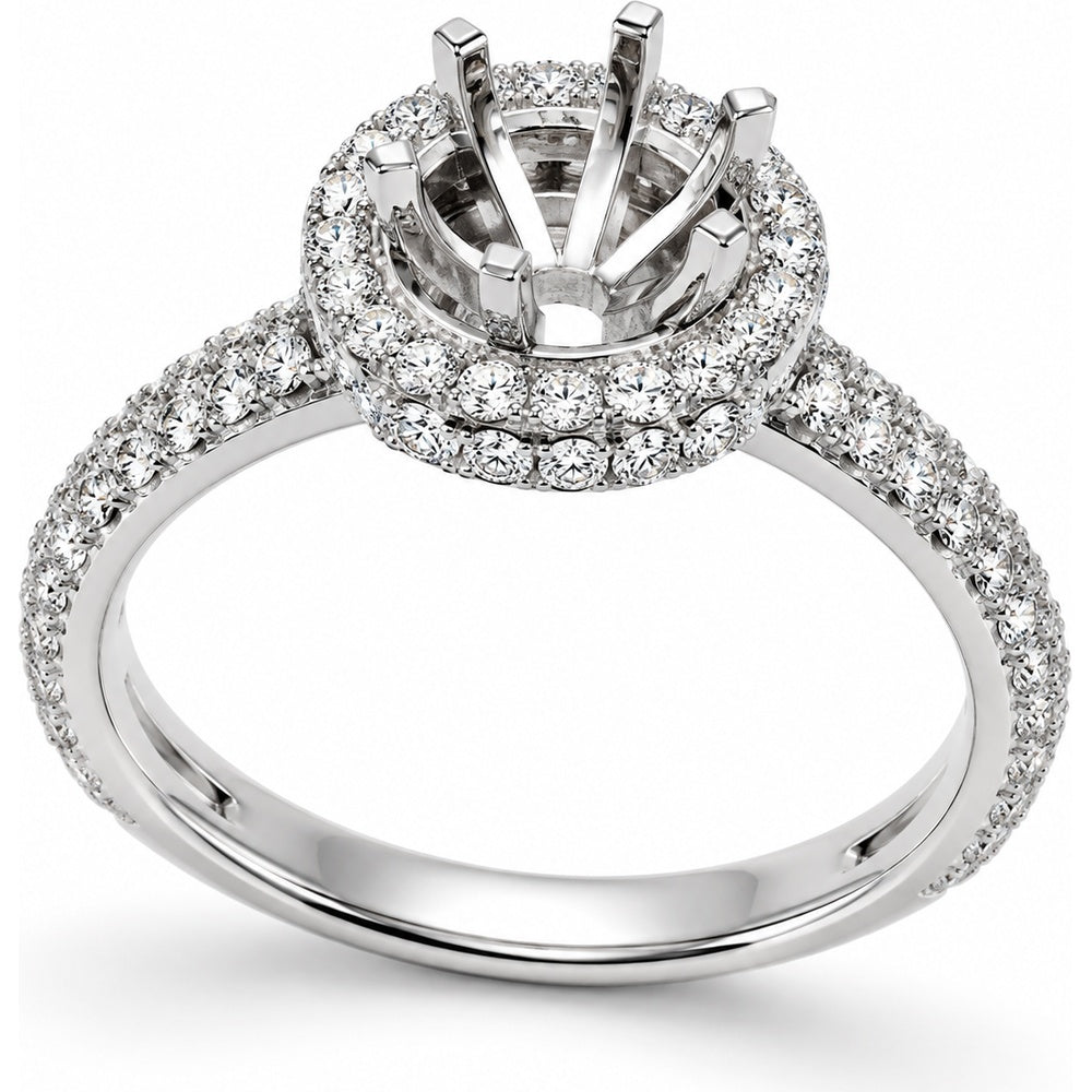14K White Gold Double Halo Semi-Mount Ring with Pavé Set Round Diamonds - 0.95 Carat Total Diamond Weight by Auriventus