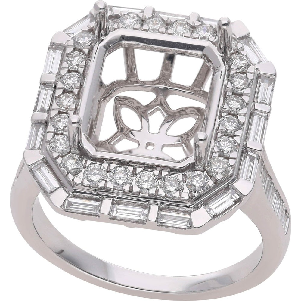14K White Gold Double Halo Semi-Mount Ring with Round and Baguette Diamonds - 1.36 Carat Total Diamond Weight by Auriventus
