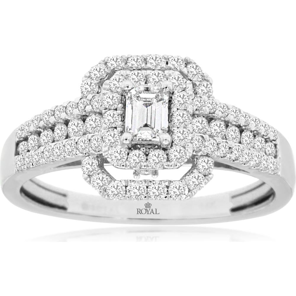 14K White Gold Double Halo Split Shank Engagement Ring with Emerald Cut Center Diamond and Round Diamonds - 0.77 Carat Total Diamond Weight - Royal Jewelry