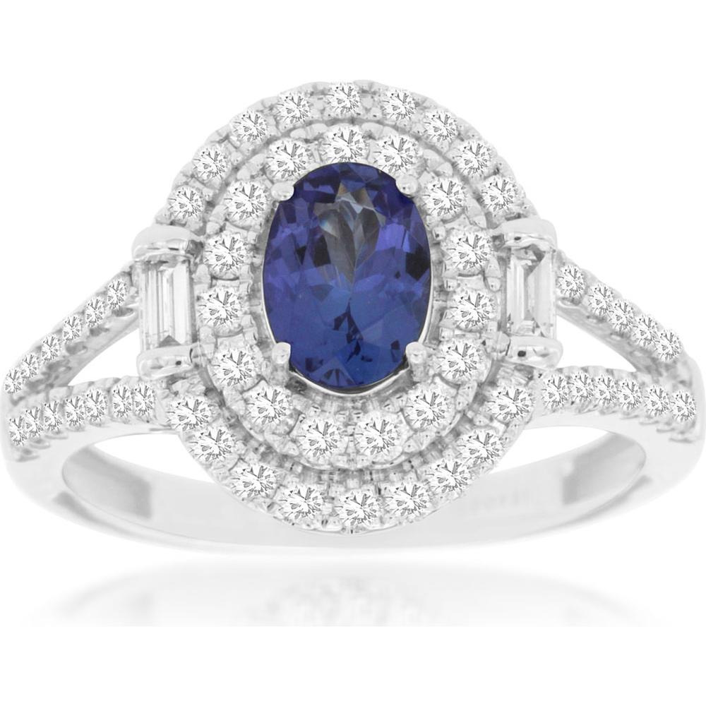 14K White Gold Double Halo Tanzanite and Diamond Ring with Baguette Accents - 0.84 Carat Tanzanite and 0.56 Carat Total Diamond Weight - Royal Jewelry