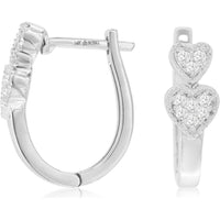 14K White Gold Double Heart Hinged Hoop Earrings with Pavé Set Round Diamonds and Milgrain Detail - 0.20 Carat Total Diamond Weight - Royal Jewelry