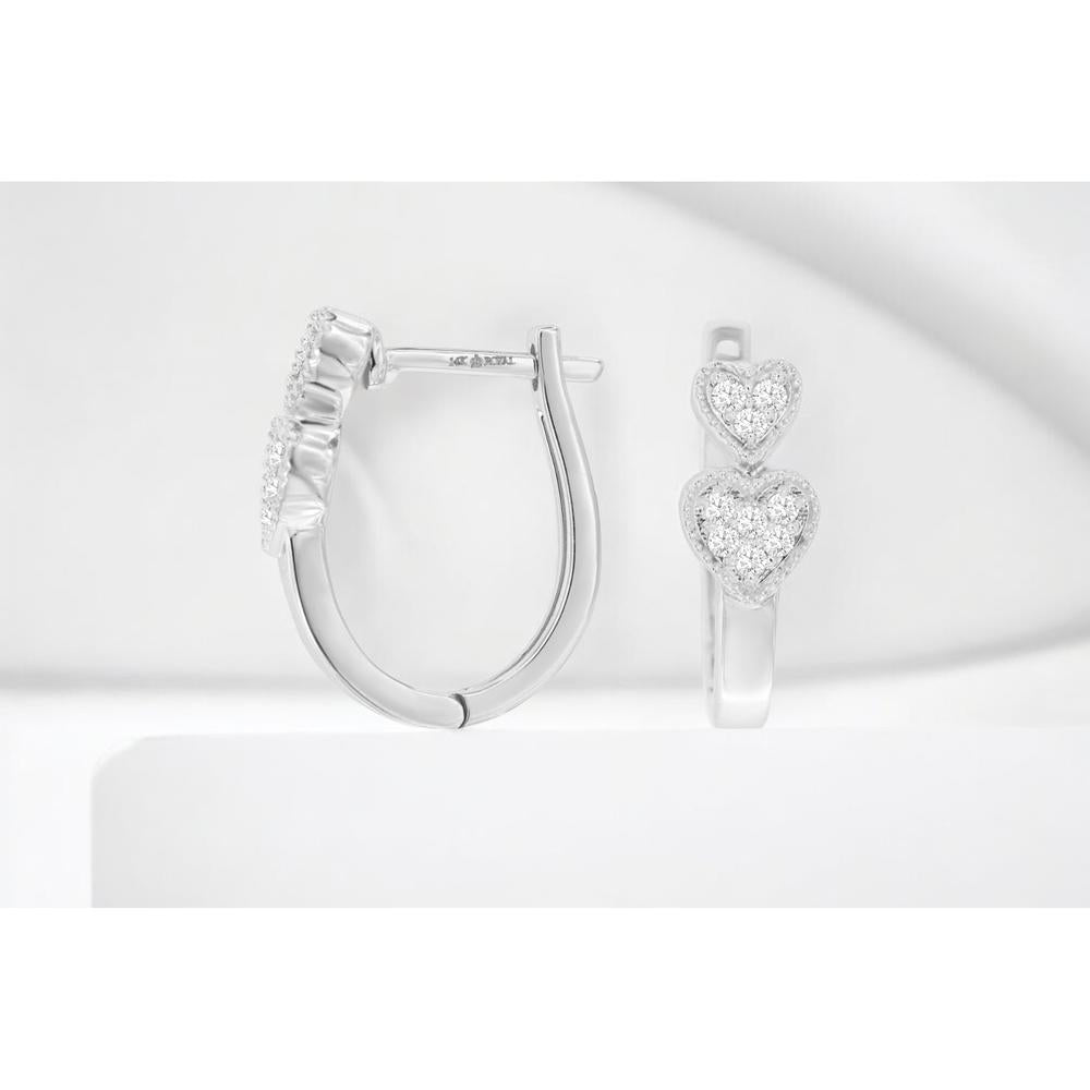 14K White Gold Double Heart Hinged Hoop Earrings with Pavé Set Round Diamonds and Milgrain Detail - 0.20 Carat Total Diamond Weight - Royal Jewelry