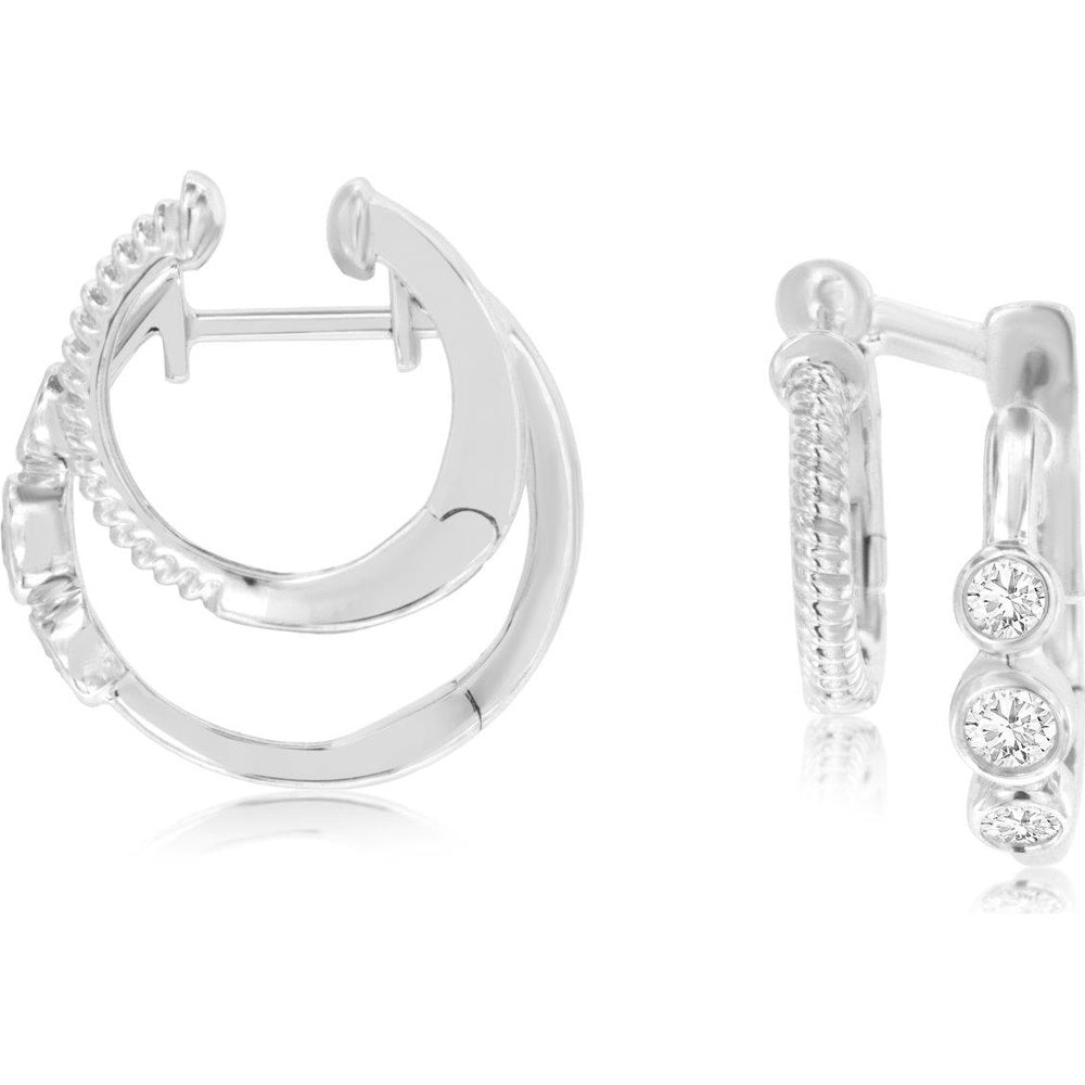 14K White Gold Double-Hoop Huggie Earrings with Bezel-Set Round Diamonds and Textured Rope Detail - 0.30 Carat Total Diamond Weight - Royal Jewelry