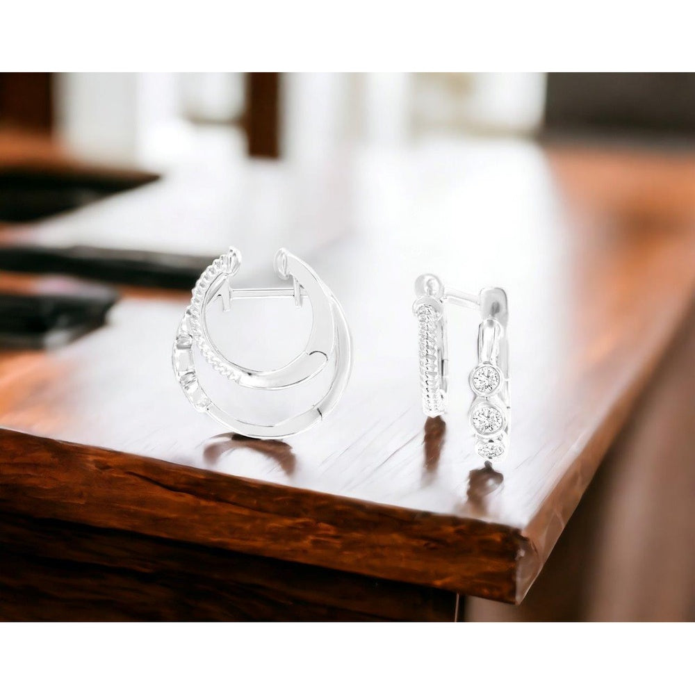 14K White Gold Double-Hoop Huggie Earrings with Bezel-Set Round Diamonds and Textured Rope Detail - 0.30 Carat Total Diamond Weight - Royal Jewelry