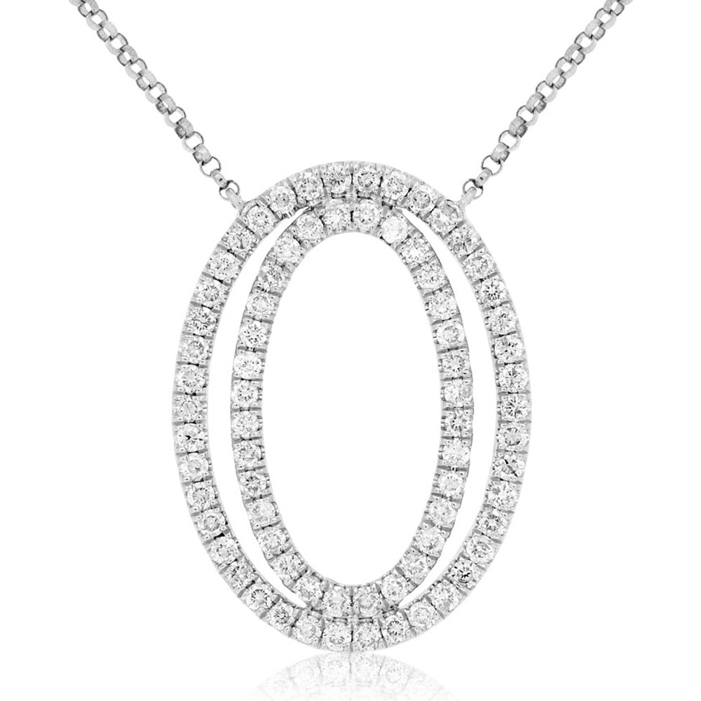14K White Gold Double Open Oval Pendant Necklace with Prong-Set Round Diamonds - 0.80 Carat Total Diamond Weight - Royal Jewelry