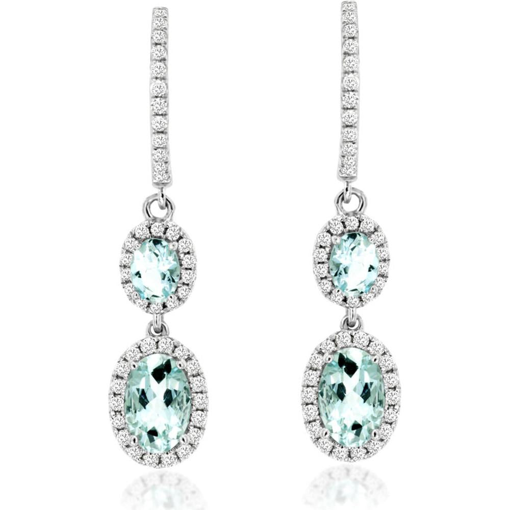 14K White Gold Double Oval Aquamarine and Diamond Halo Drop Earrings - 1.15 Carat Total Aquamarine Weight, 0.30 Carat Total Diamond Weight - Royal Jewelry