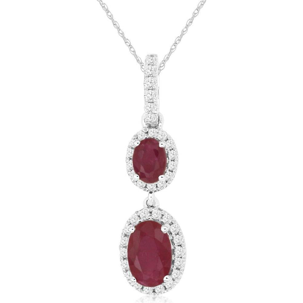14K White Gold Double Oval Ruby Pendant with Diamond Halo Accents - 0.78 Carat Ruby and 0.14 Carat Total Diamond Weight - Royal Jewelry