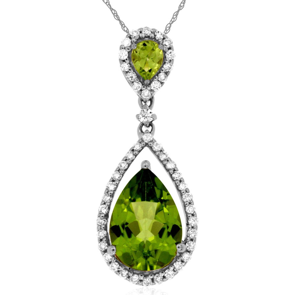 14K White Gold Double Pear Drop Pendant with Peridot and Diamond Halo Accents - 2.20 Carat Peridot and 0.25 Carat Total Diamond Weight - Royal Jewelry