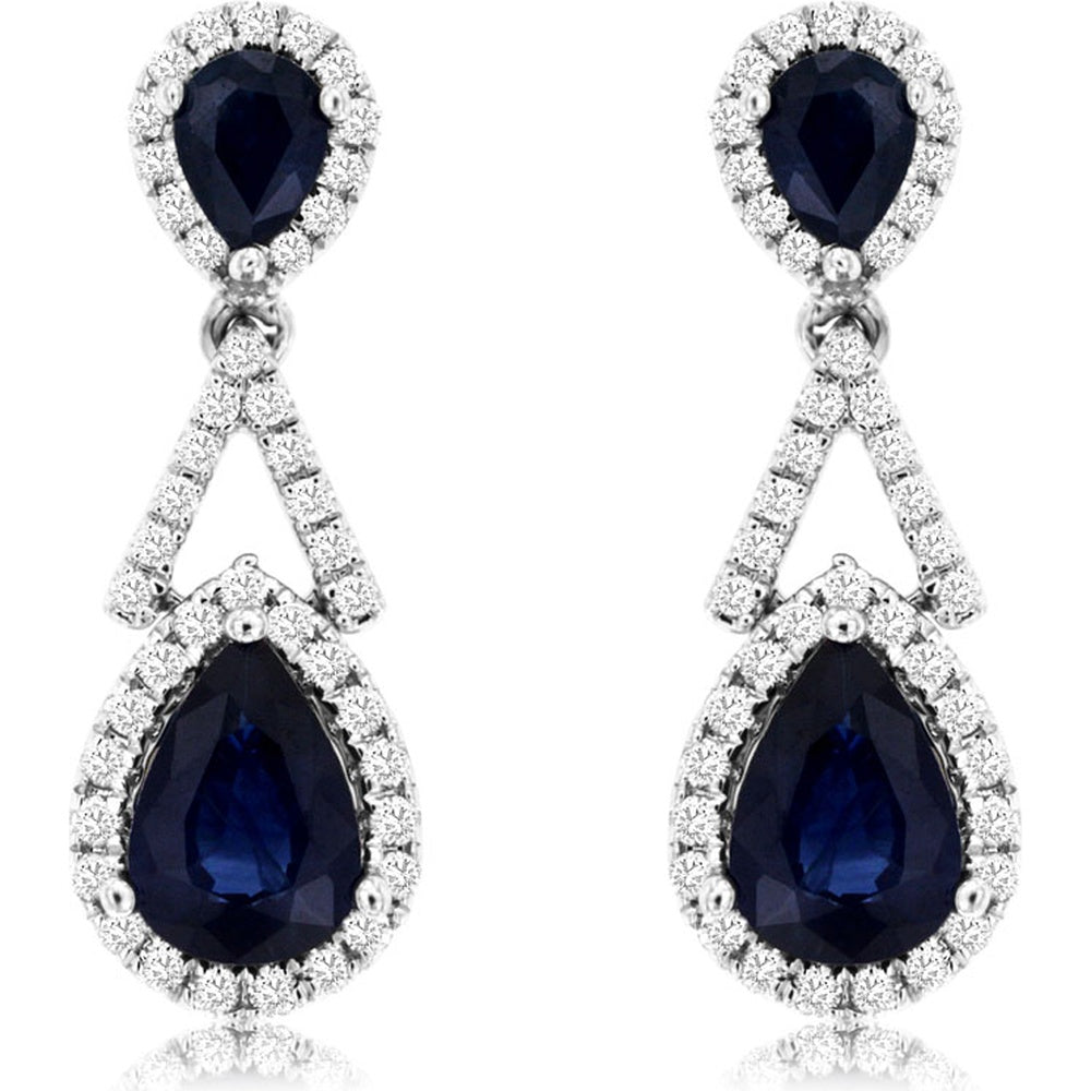 14K White Gold Double Pear Sapphire and Diamond Halo Drop Earrings - 2.08 Carat Total Sapphire Weight and 0.39 Carat Total Diamond Weight - Royal Jewelry