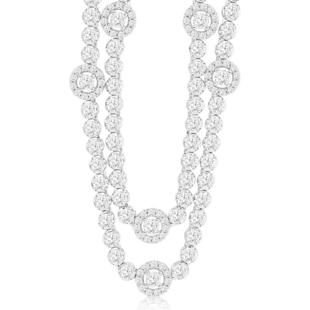 14K White Gold Double Row Diamond Halo Necklace with Round Brilliant Cut Diamonds - 11.75 Carat Total Diamond Weight - Royal Jewelry