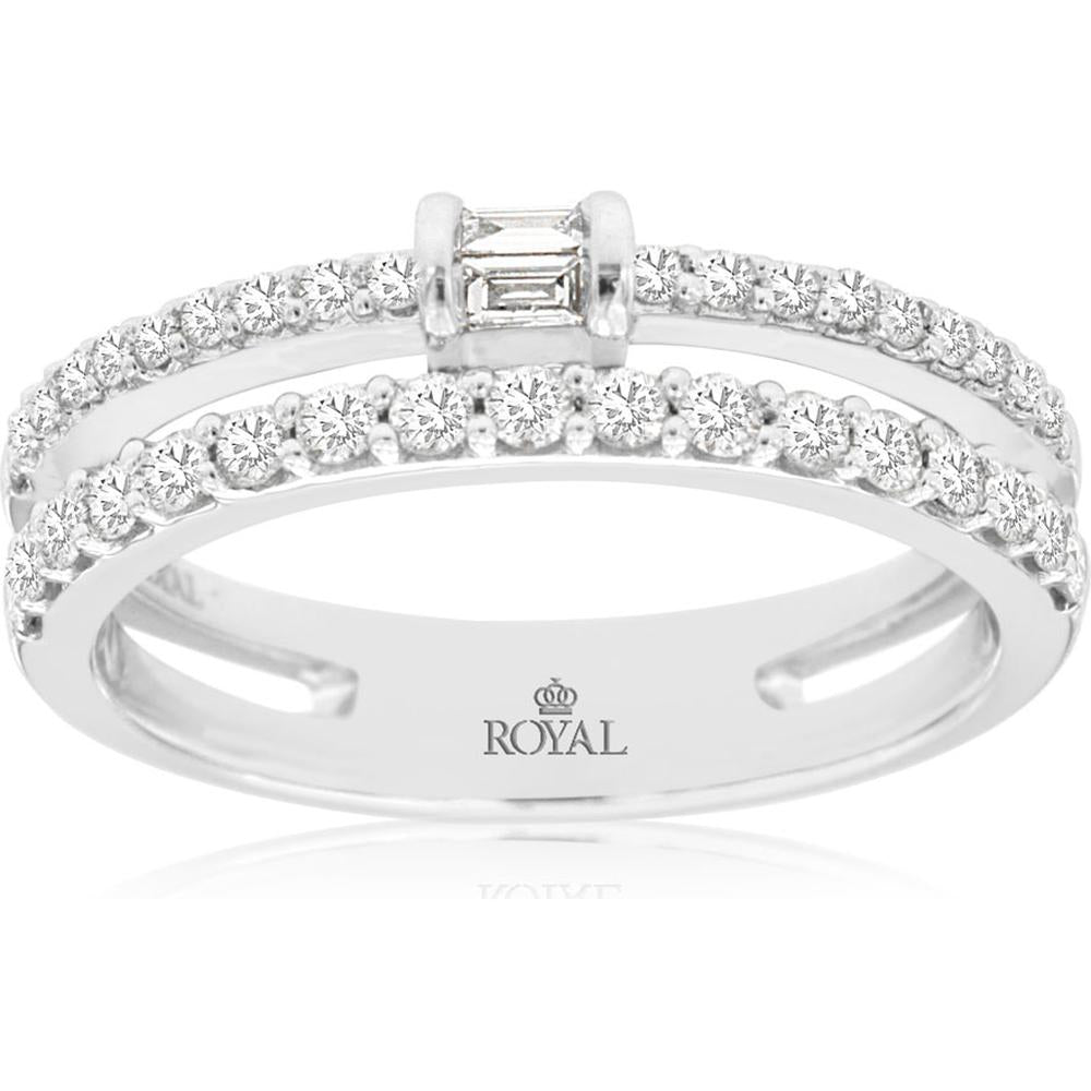 14K White Gold Double-Row Diamond Wedding Band with Center Bar-Set Emerald Cut Diamond and Round Brilliant Accent Stones - 0.50 Carat Total Diamond Weight - Royal Jewelry