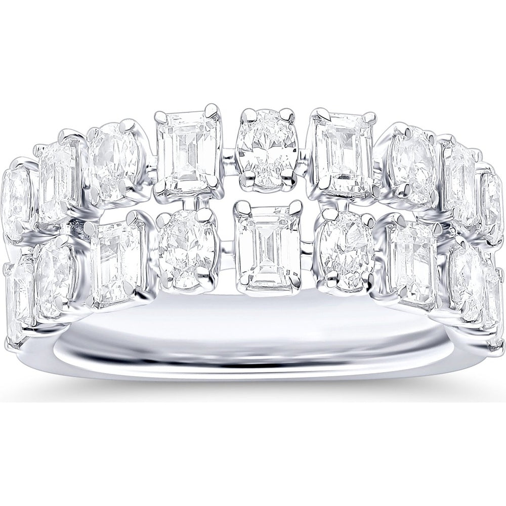 14K White Gold Double Row Fashion Ring with Alternating Oval and Emerald Cut Diamonds - 2.55 Carat Total Diamond Weight by Auriventus