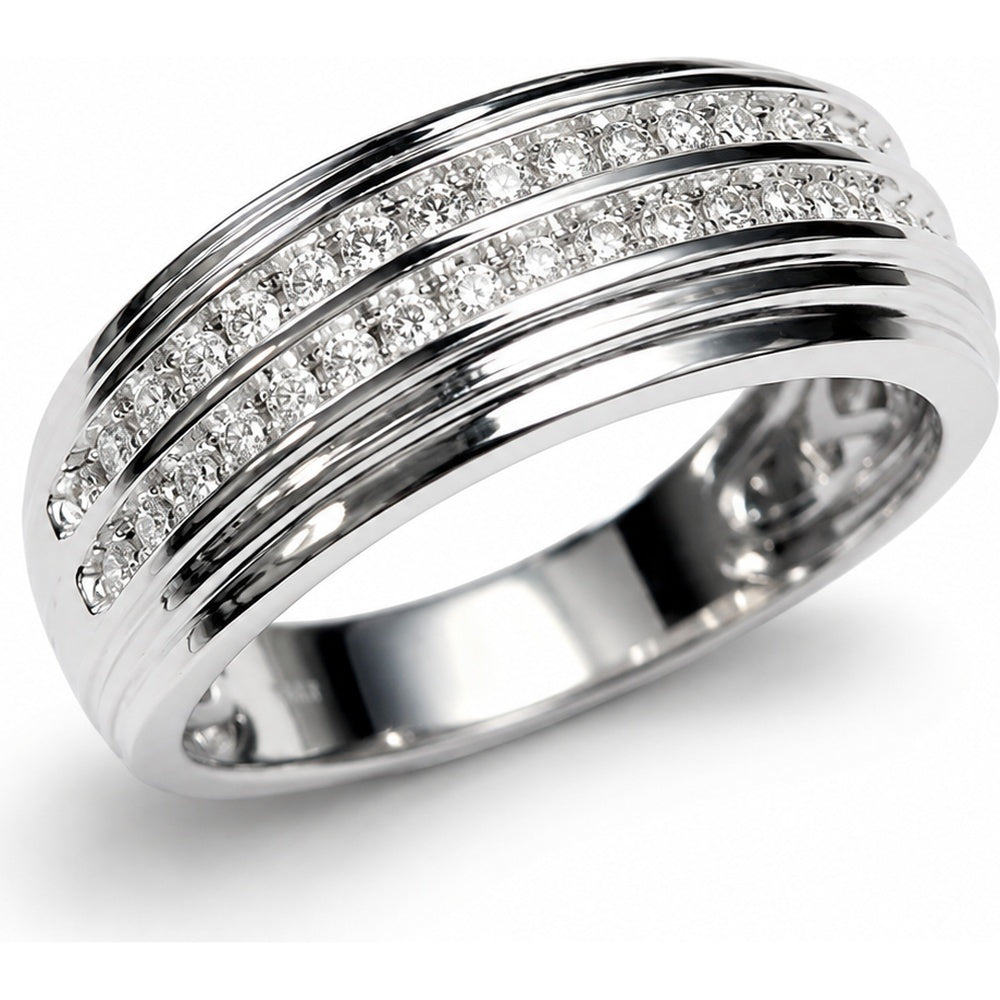 14K White Gold Double Row Men's Diamond Band with Prong Set Round Diamonds - 0.57 Carat Total Diamond Weight by Auriventus