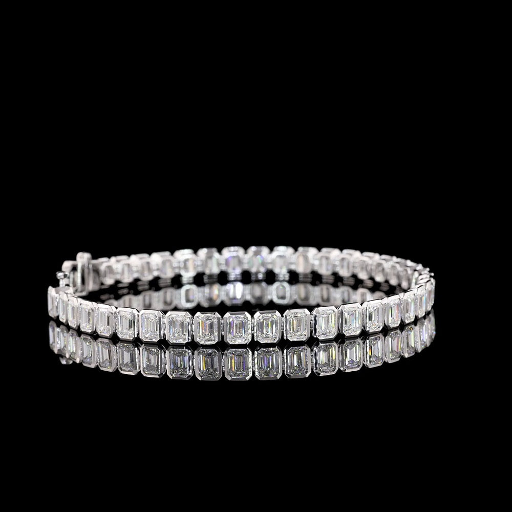 14K White Gold Double Row Tennis Bracelet with Bezel Set Emerald Cut Lab Diamonds - 10.93 Carats (Main Row), 21.86 Carats Total Diamond Weight - Covaloro Fine Jewelry