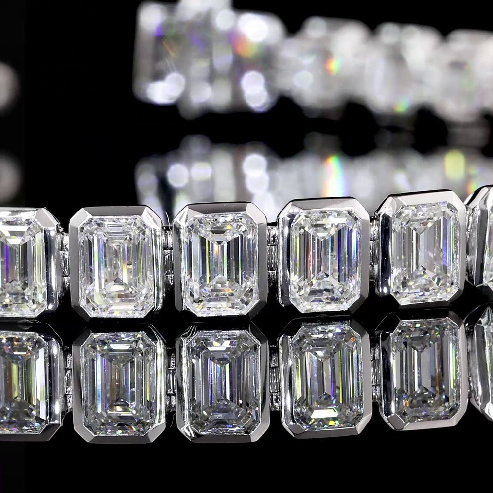 14K White Gold Double Row Tennis Bracelet with Bezel Set Emerald Cut Lab Diamonds - 10.93 Carats (Main Row), 21.86 Carats Total Diamond Weight - Covaloro Fine Jewelry