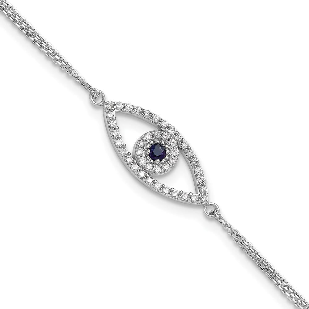 14K White Gold Double-Strand Evil Eye Bracelet with Round Sapphire and Diamond Halo - 0.07 Carat Sapphire, 0.17 Carat Total Diamond Weight by Oro Pregiato