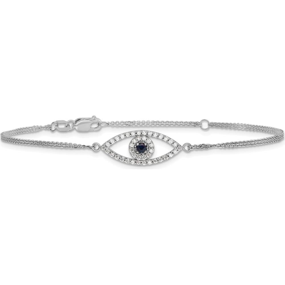 14K White Gold Double-Strand Evil Eye Bracelet with Round Sapphire and Diamond Halo - 0.07 Carat Sapphire, 0.17 Carat Total Diamond Weight by Oro Pregiato