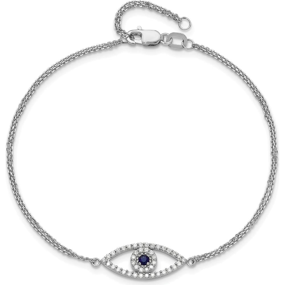 14K White Gold Double-Strand Evil Eye Bracelet with Round Sapphire and Diamond Halo - 0.07 Carat Sapphire, 0.17 Carat Total Diamond Weight by Oro Pregiato