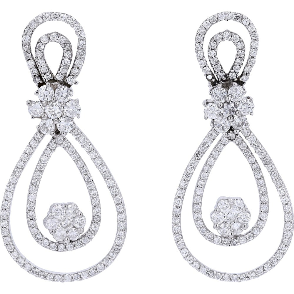 14K White Gold Double Teardrop Dangle Earrings with Pavé and Prong-Set Round Diamonds - 5.50 Carat Total Diamond Weight