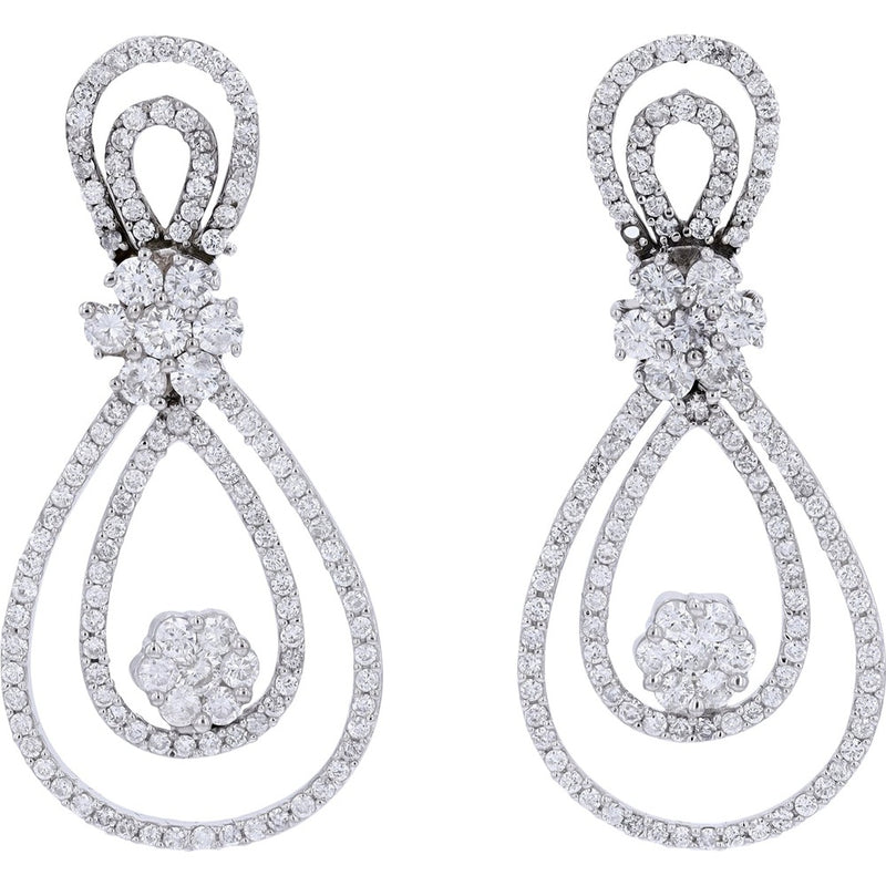 14K White Gold Double Teardrop Dangle Earrings with Pavé and Prong-Set Round Diamonds - 5.50 Carat Total Diamond Weight