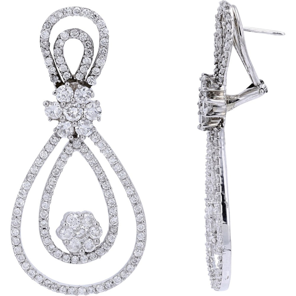14K White Gold Double Teardrop Dangle Earrings with Pavé and Prong-Set Round Diamonds - 5.50 Carat Total Diamond Weight