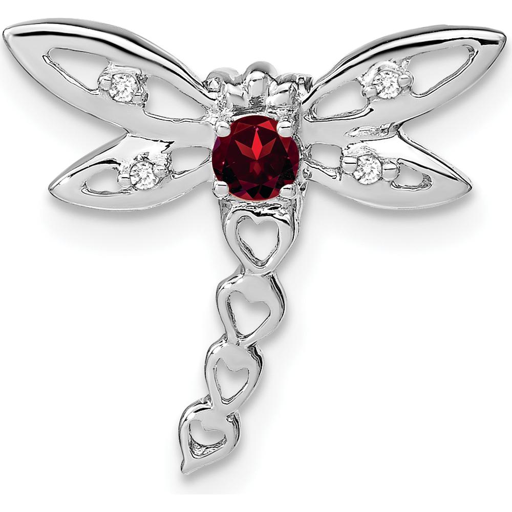 14K White Gold Dragonfly Pendant with Round Garnet and Diamond Accents - 0.16 Carat Garnet, 0.02 Carat Diamond Total by Lumare Gioia