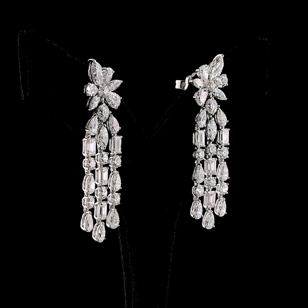 14K White Gold Drop Chandelier Earrings with Pear, Marquise, and Emerald Cut Lab Diamonds - 12.84 Carats Total Diamond Weight - Covaloro Fine Jewelry
