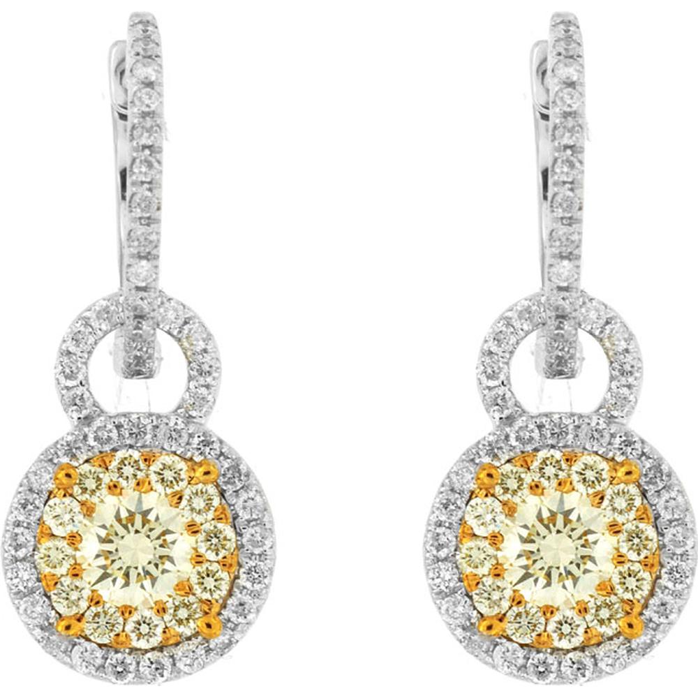 14K White Gold Drop Earrings with 0.60 Carats Round Yellow Diamonds & Diamond Halo - 1.20 Carats Total Diamond Weight