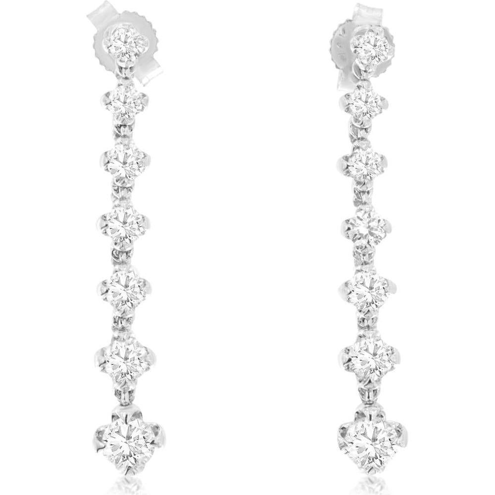 14K White Gold Drop Earrings with 1 Carat Round Brilliant Diamonds - 1 Carats Total Diamond Weight