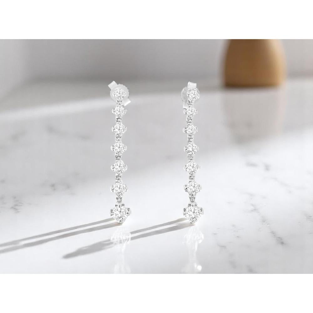 14K White Gold Drop Earrings with 1 Carat Round Brilliant Diamonds - 1 Carats Total Diamond Weight