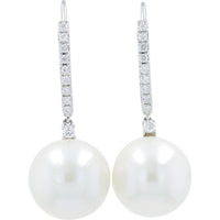 14K White Gold Drop Earrings with 12mm Luminous Round Pearls and Prong-Set Round Diamonds - 0.80 Carat Total Diamond Weight