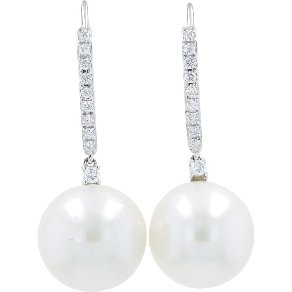 14K White Gold Drop Earrings with 12mm Luminous Round Pearls and Prong-Set Round Diamonds - 0.80 Carat Total Diamond Weight