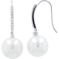 14K White Gold Drop Earrings with 12mm Luminous Round Pearls and Prong-Set Round Diamonds - 0.80 Carat Total Diamond Weight