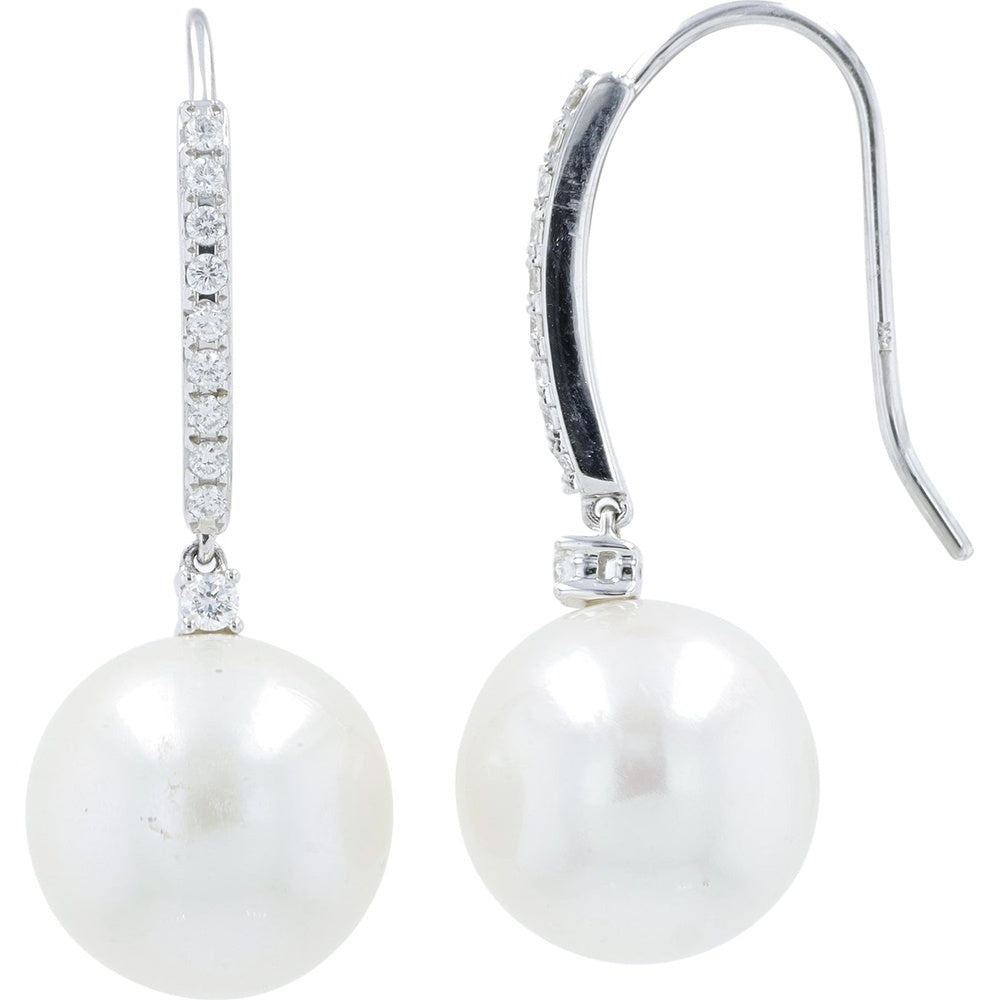 14K White Gold Drop Earrings with 12mm Luminous Round Pearls and Prong-Set Round Diamonds - 0.80 Carat Total Diamond Weight