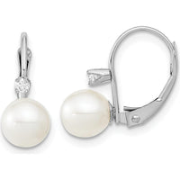 14K White Gold Drop Earrings with 6-7mm Freshwater Cultured Pearls and 0.06 Carat Total Diamond Weight by Monteluci Fine Jewelry