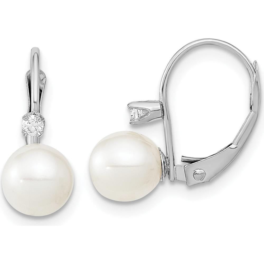 14K White Gold Drop Earrings with 6-7mm Freshwater Cultured Pearls and 0.06 Carat Total Diamond Weight by Monteluci Fine Jewelry