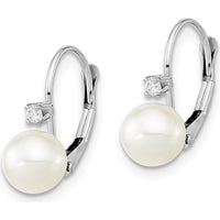 14K White Gold Drop Earrings with 6-7mm Freshwater Cultured Pearls and 0.06 Carat Total Diamond Weight by Monteluci Fine Jewelry
