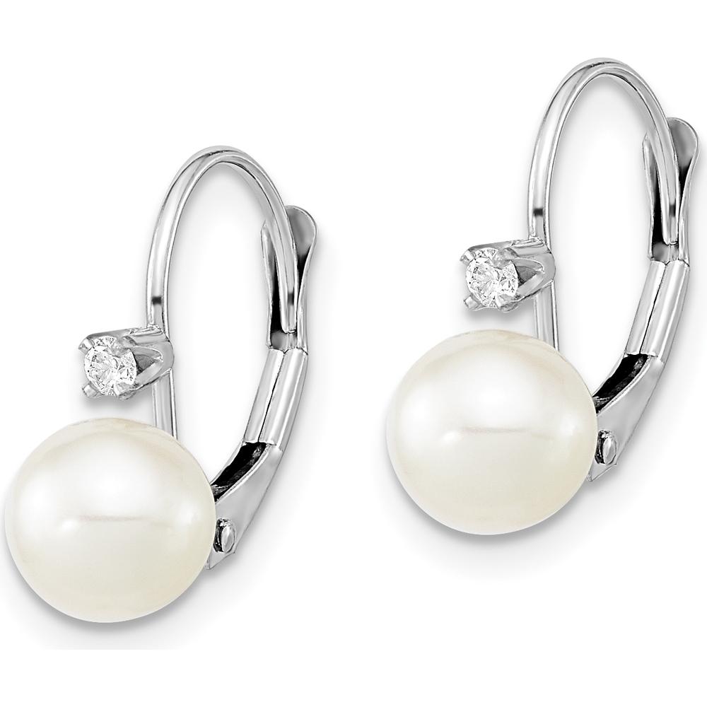 14K White Gold Drop Earrings with 6-7mm Freshwater Cultured Pearls and 0.06 Carat Total Diamond Weight by Monteluci Fine Jewelry