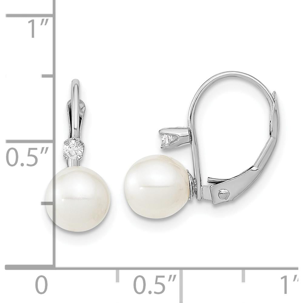 14K White Gold Drop Earrings with 6-7mm Freshwater Cultured Pearls and 0.06 Carat Total Diamond Weight by Monteluci Fine Jewelry