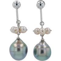 14K White Gold Drop Earrings with 8.4mm Tahitian Pearls and 3.2mm White Pearl Accents