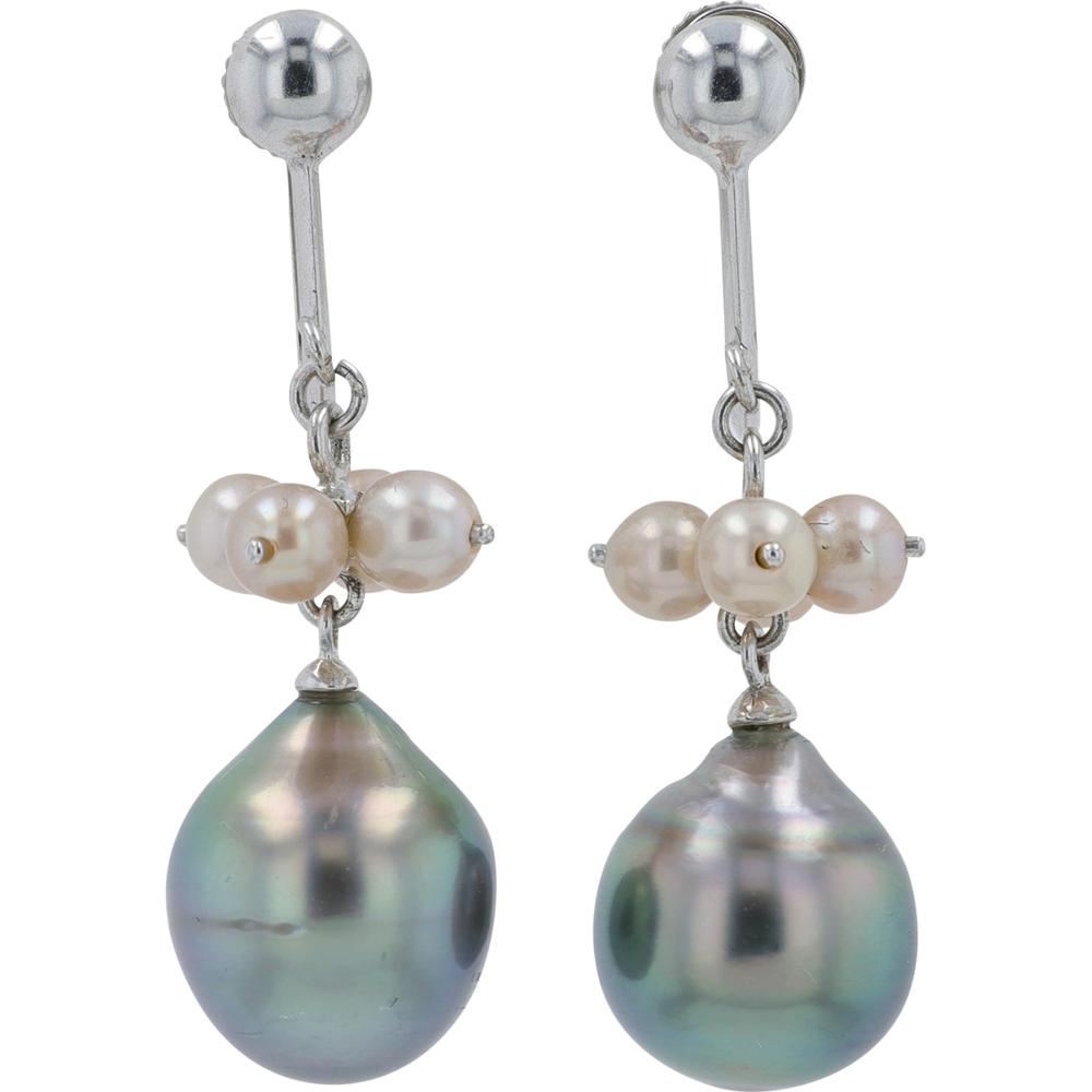 14K White Gold Drop Earrings with 8.4mm Tahitian Pearls and 3.2mm White Pearl Accents