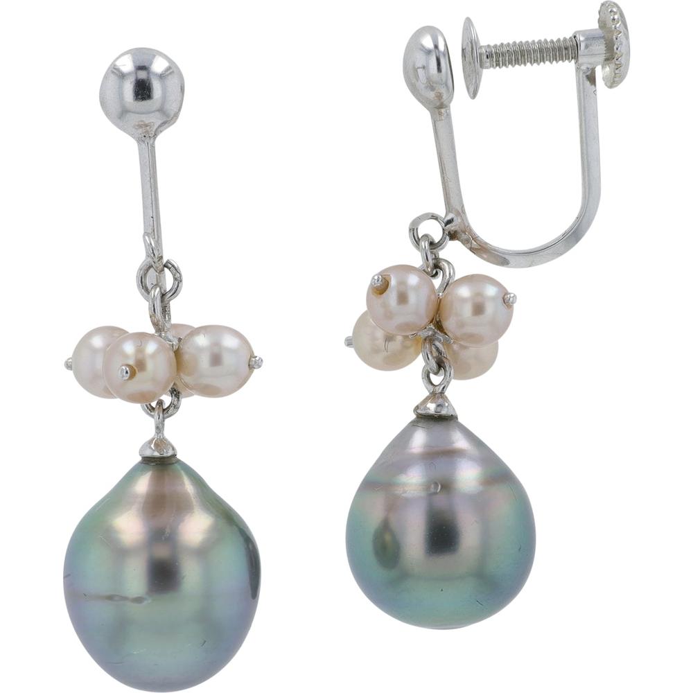14K White Gold Drop Earrings with 8.4mm Tahitian Pearls and 3.2mm White Pearl Accents