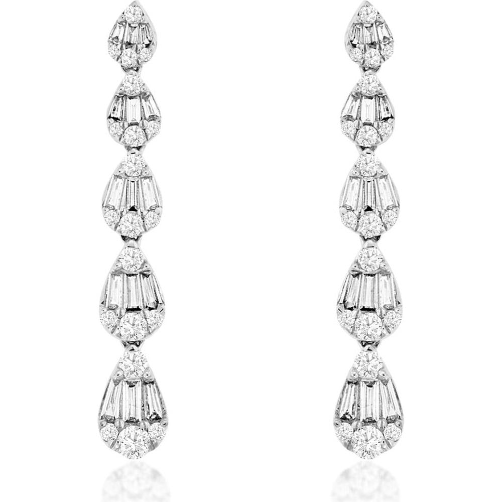 14K White Gold Drop Earrings with Alternating Baguette and Round Diamonds - 1.12 Carat Total Diamond Weight - Royal Jewelry